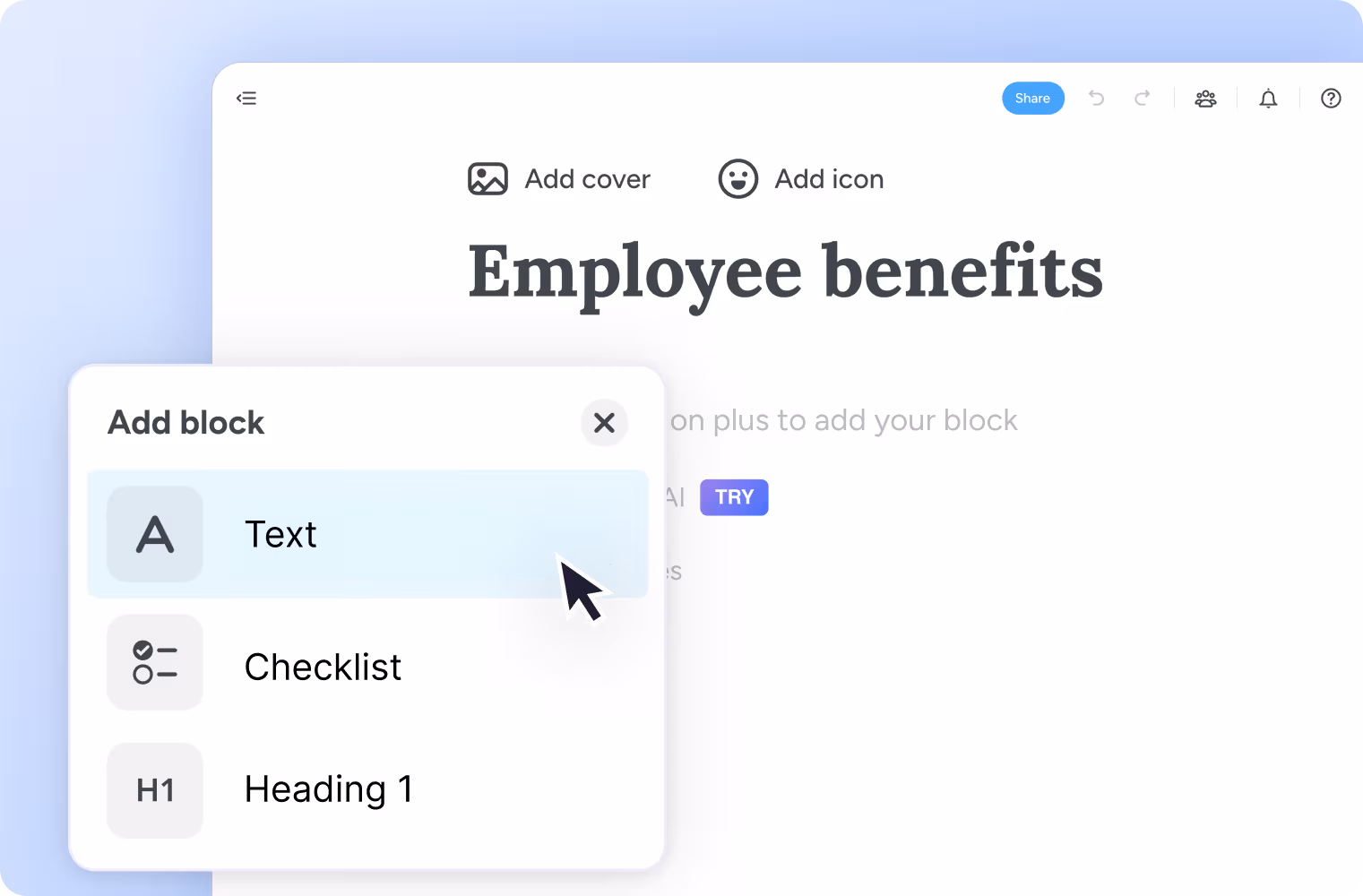 A note with options to add text, a checklist, or heading block.
