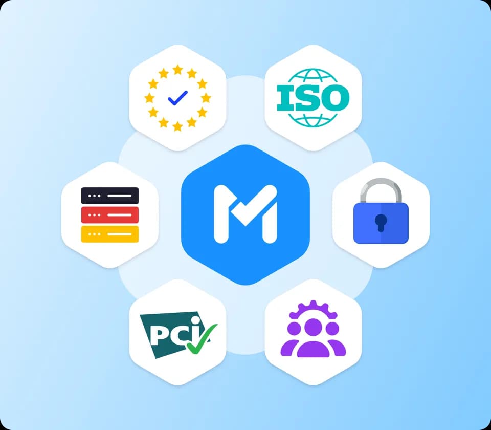 Badges denoting security standards including ISO 27001, PCI DSS and data hosting in Germany