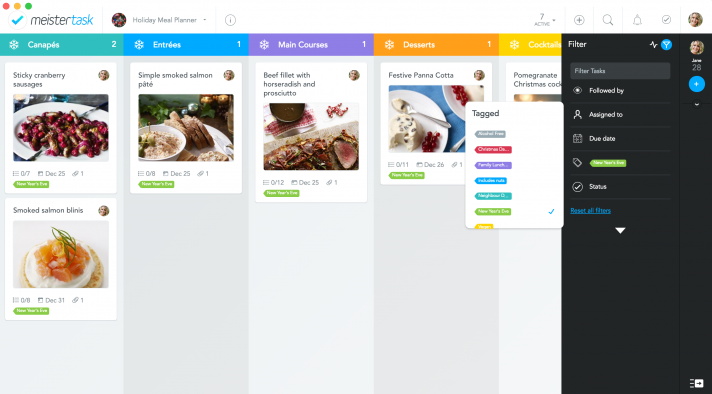 tag recipe planner by dates in MeisterTask