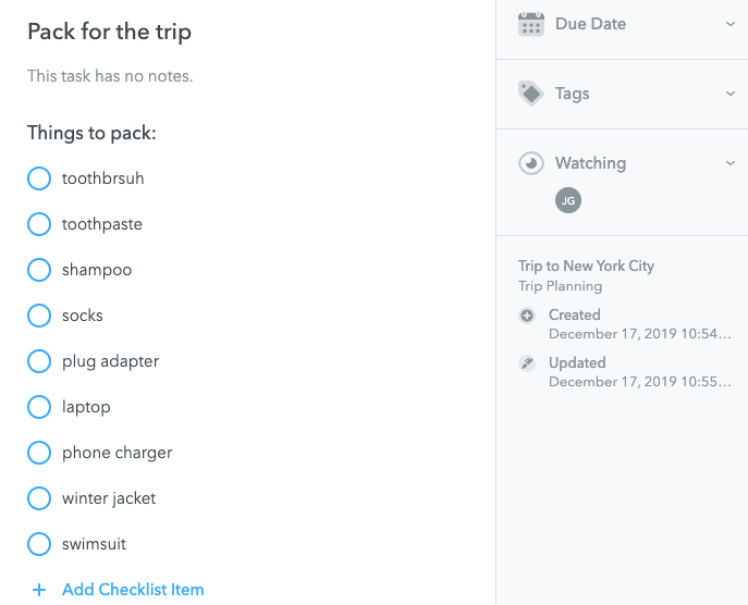 Packing Checklist in MeisterTask