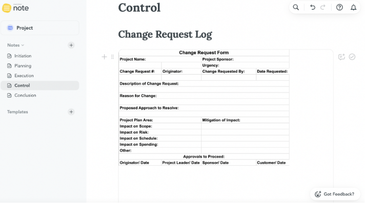 Control Change Request Log