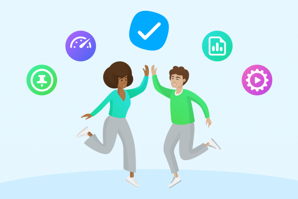 Two people celebrate that they are productive through MeisterTask's features.